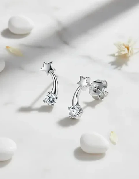 Aros De Plata 925 Estilo Trepador Con Diseño Estrella Fugaz