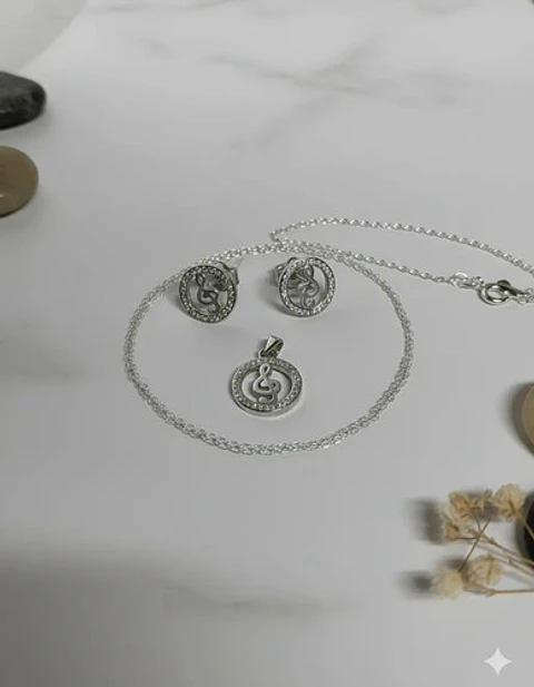 Conjunto Plata 925 Cadena + Aros + Dije Estilo Llave De Sol
