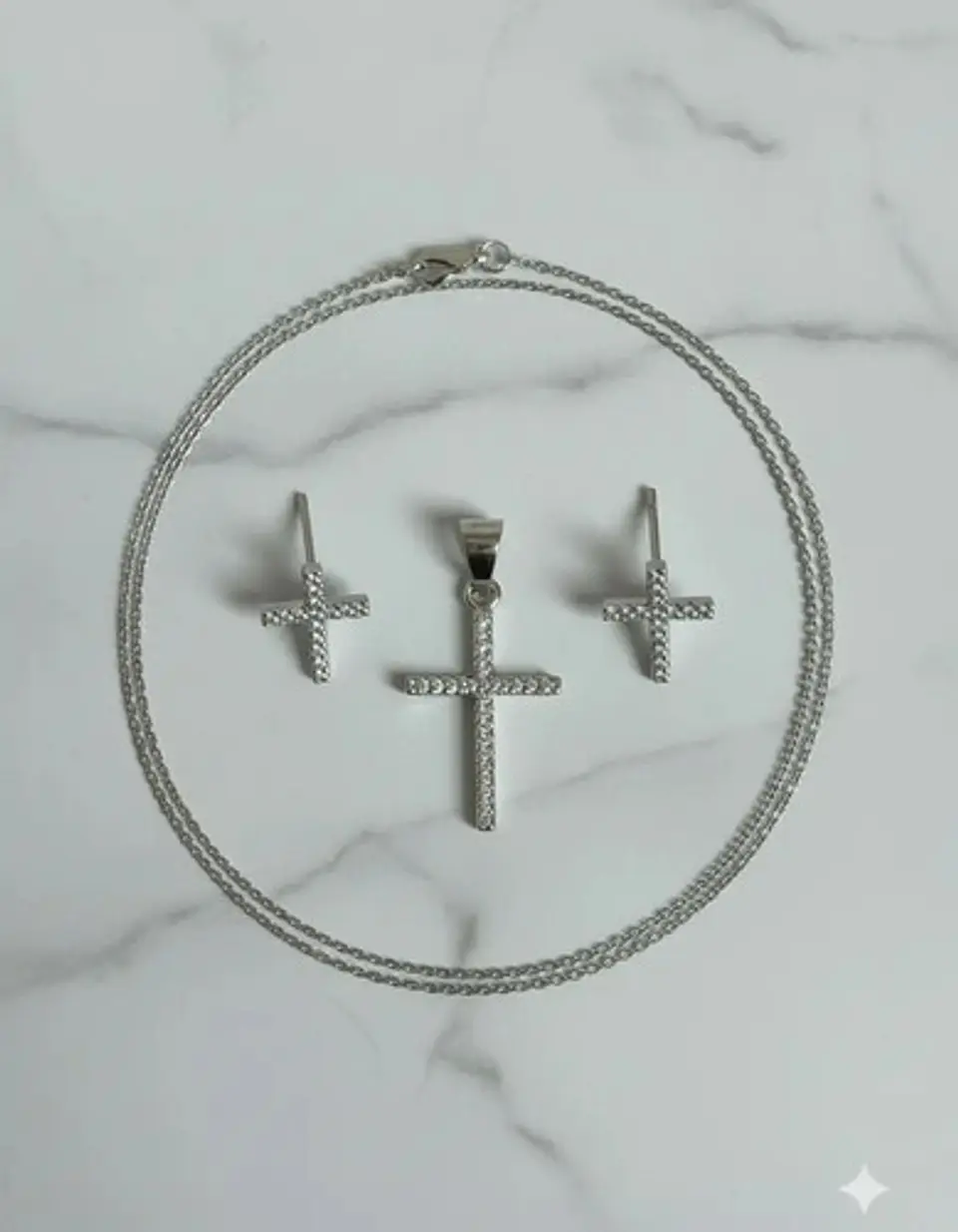 Conjunto Plata 925 Cadena + Aros + Dije Cruz Con Circónes 1