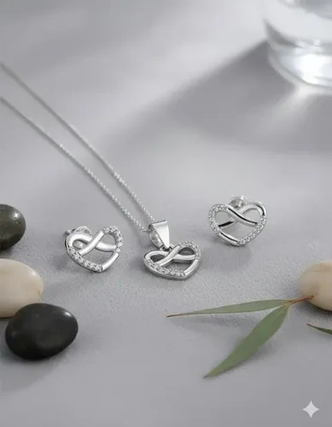 Conjunto Plata 925 Aros+cadena+dije Estilo Corazón Infinito