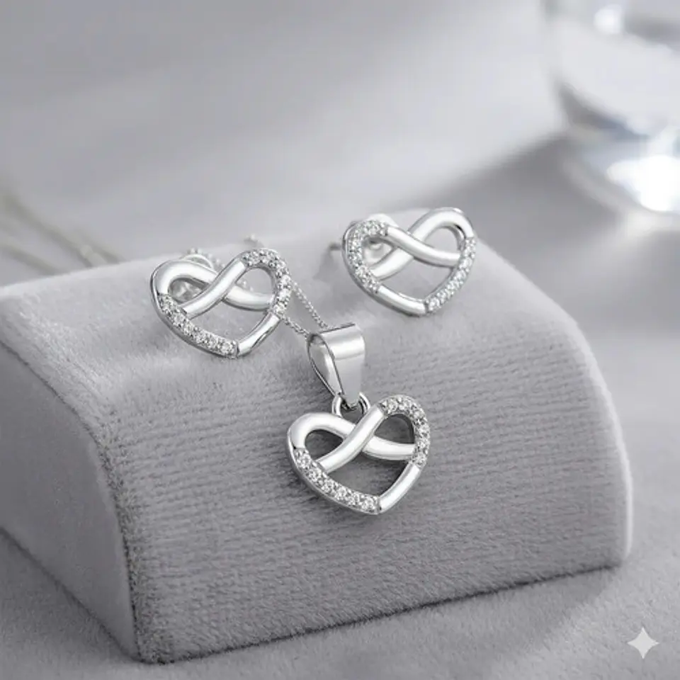 Conjunto Plata 925 Aros+cadena+dije Estilo Corazón Infinito 2