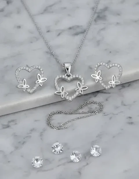 Conjunto Plata 925 Cadena + Aros + Dije Cerrazó Con Mariposa