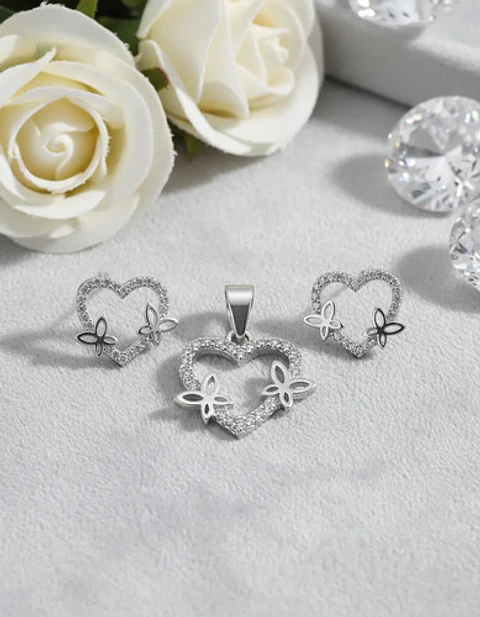 Conjunto Plata 925 Cadena + Aros + Dije Cerrazó Con Mariposa