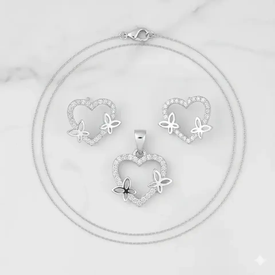 Conjunto Plata 925 Cadena + Aros + Dije Cerrazó Con Mariposa 3