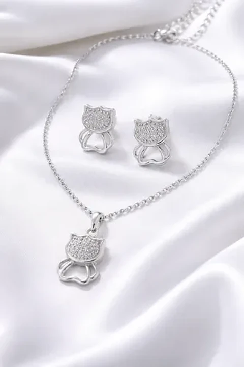 Conjunto Plata 925 Aros+cadena+dije Estilo Gatitos