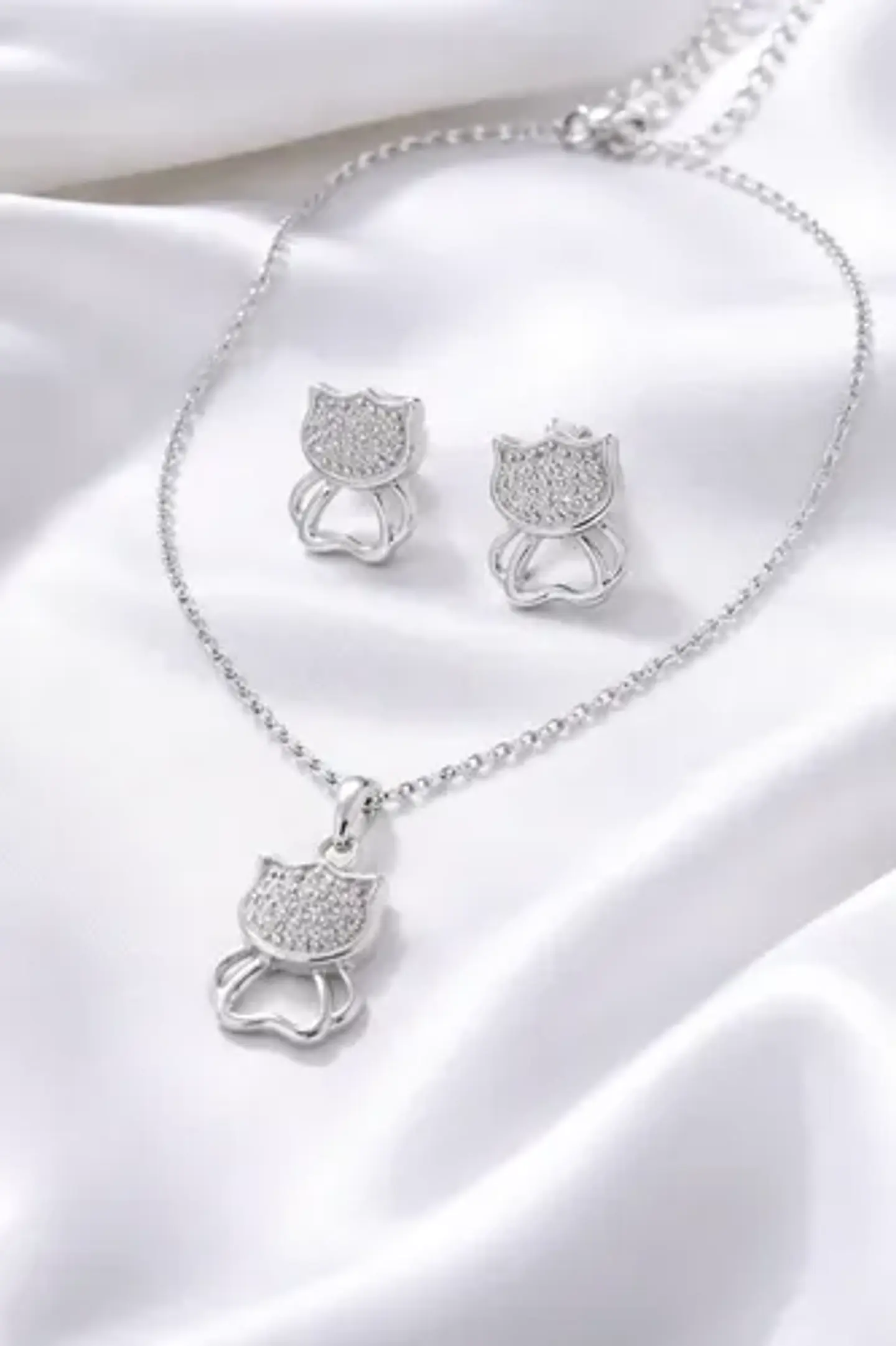 Conjunto Plata 925 Aros+cadena+dije Estilo Gatitos 1