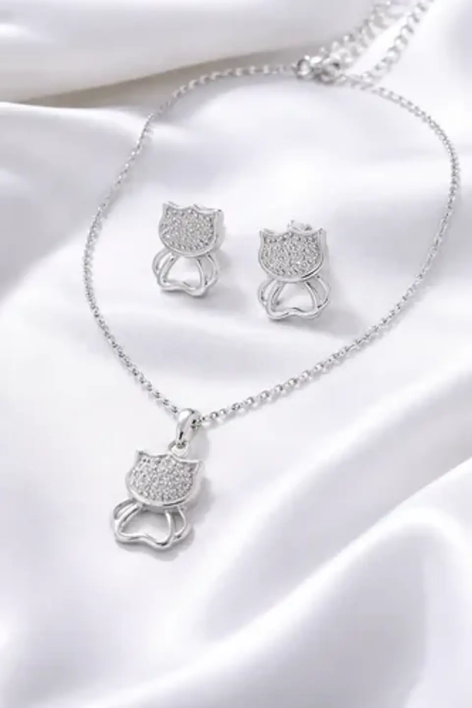 Conjunto Plata 925 Aros+cadena+dije Estilo Gatitos 1