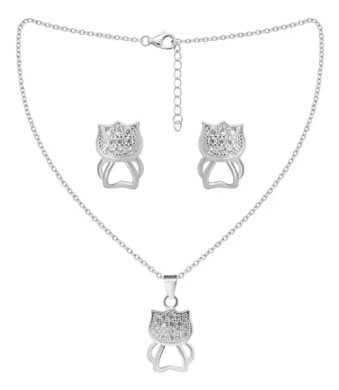 Conjunto Plata 925 Aros+cadena+dije Estilo Gatitos