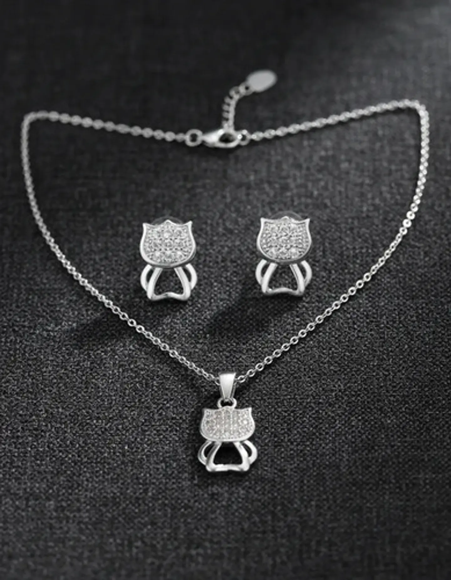 Conjunto Plata 925 Aros+cadena+dije Estilo Gatitos 3