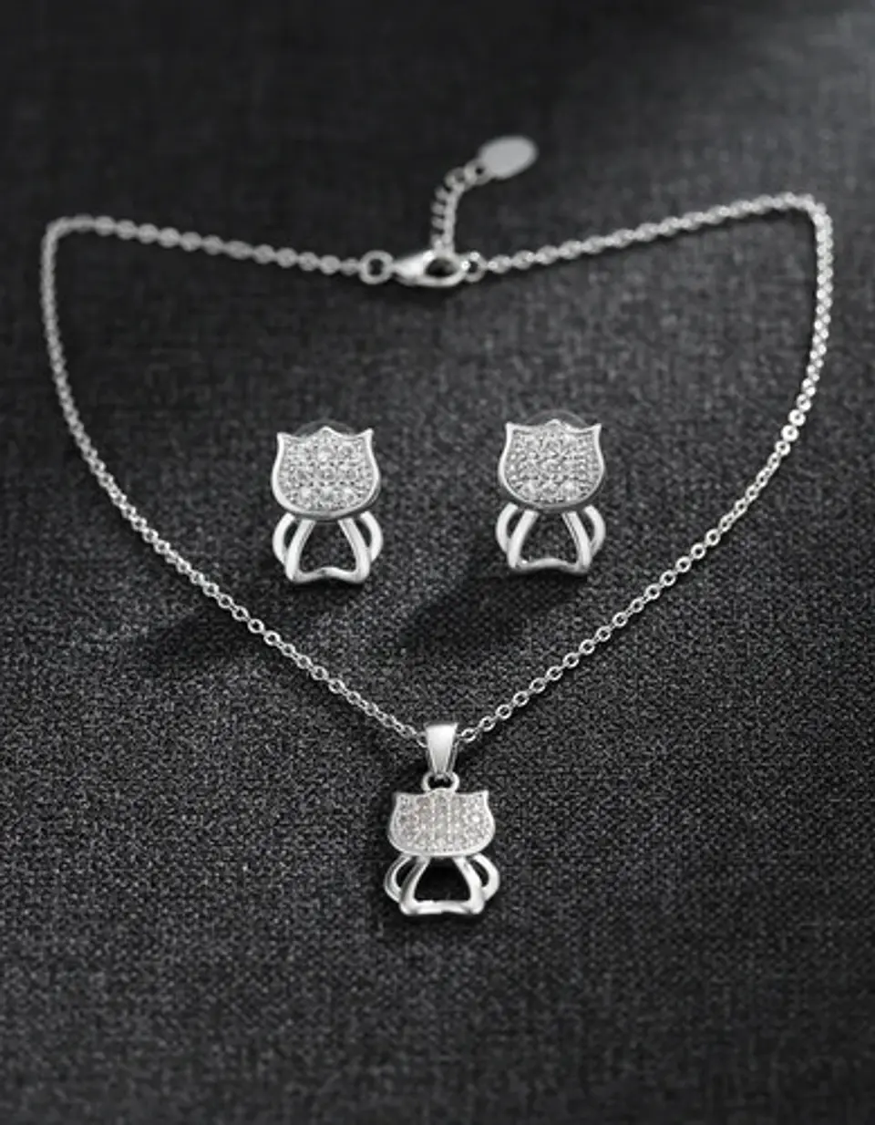 Conjunto Plata 925 Aros+cadena+dije Estilo Gatitos 3