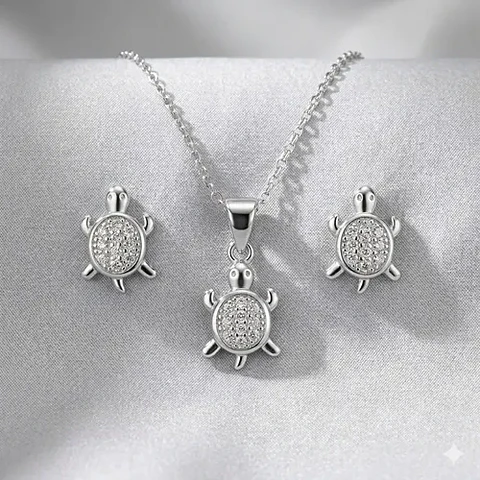 Conjunto Plata 925 Aros+cadena+dije Estilo Tortuguitas Dama