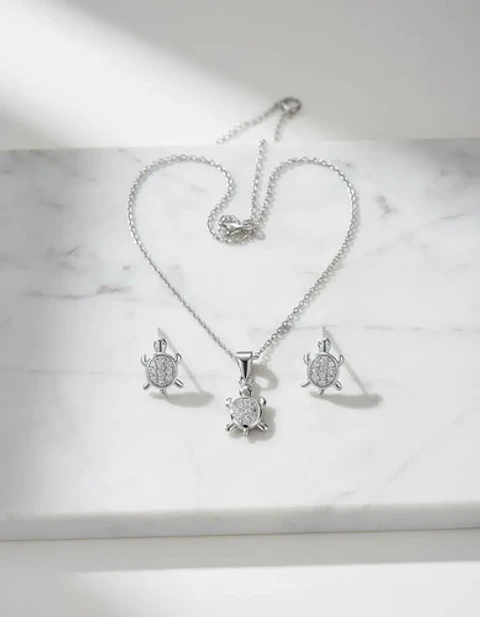 Conjunto Plata 925 Aros+cadena+dije Estilo Tortuguitas Dama