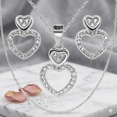 Conjunto Plata 925 Aros+cadena+dije Estilo Corazónes