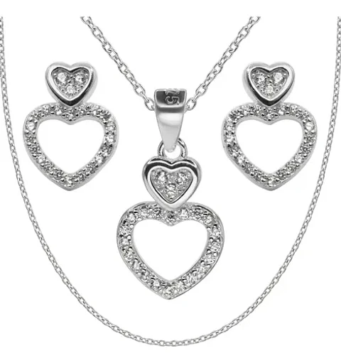 Conjunto Plata 925 Aros+cadena+dije Estilo Corazónes