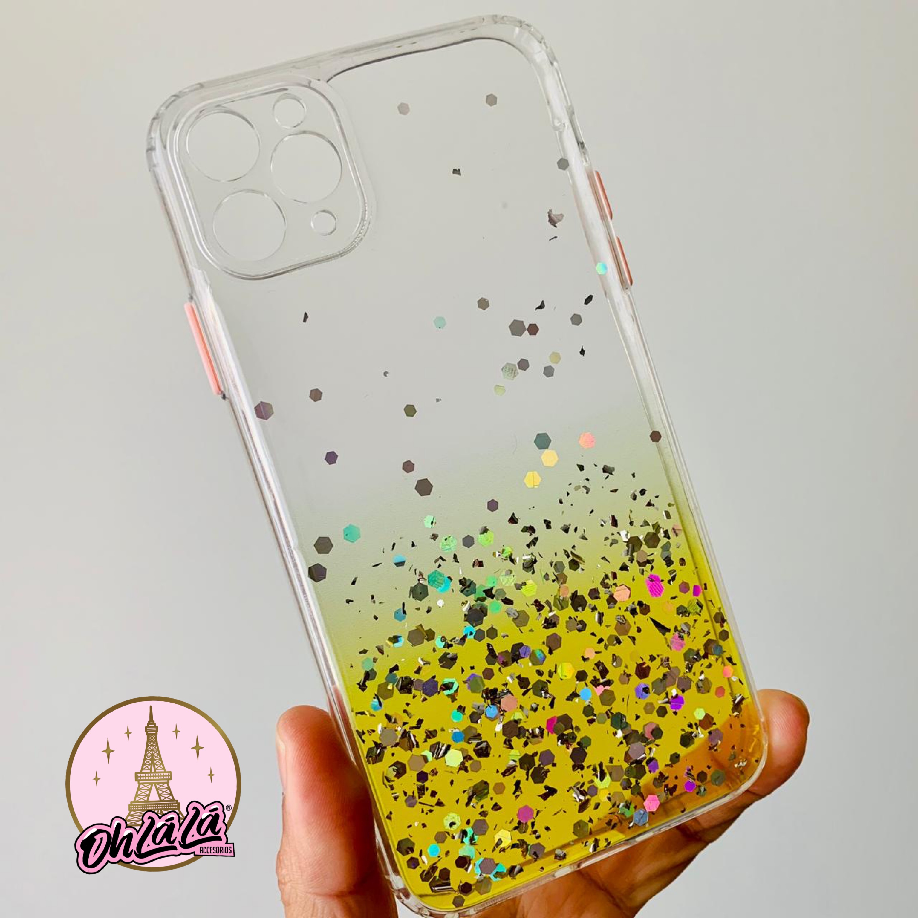Carcasa transparente brillitos amarillos