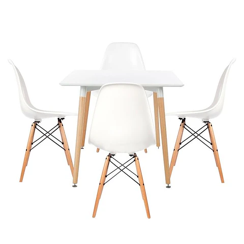 Set de Comedor Mesa Cuadrada Blanco + 4 Sillas Eames Clásicas Blanco