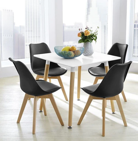 Set de Comedor Mesa Cuadrada Blanco + 4 Sillas Eames Acolchadas Negro