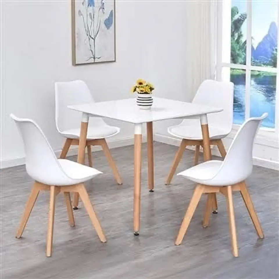 Set de Comedor Mesa Cuadrada Blanco + 4 Sillas Eames Acolchadas Blanco 1