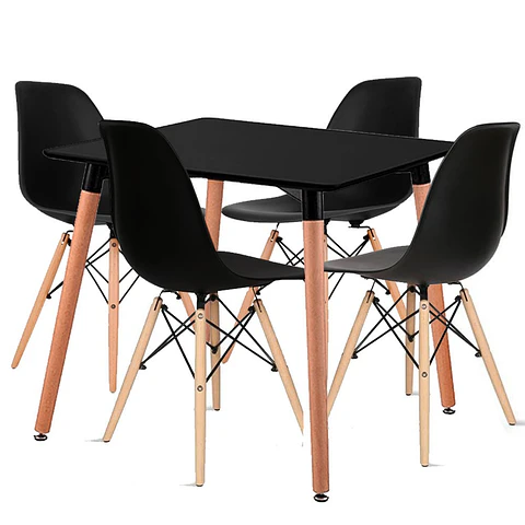 Set de Comedor Mesa Cuadrada Negro + 4 Sillas Eames Clásicas Negro