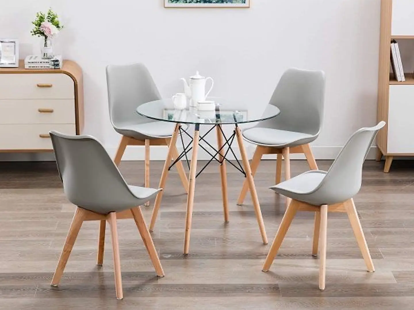 Comedor Redondo de Vidrio 80cm + 4 Sillas Eames Acolchadas Gris  3