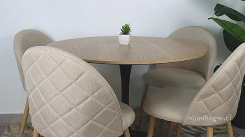 Comedor Redondo Tulip de 100Cms Cubierta Madera Base Negra + 4 Sillas Lino Oak Crema