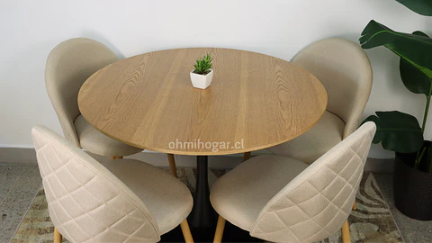 Comedor Redondo Tulip de 100Cms Cubierta Madera Base Negra + 4 Sillas Lino Oak Crema