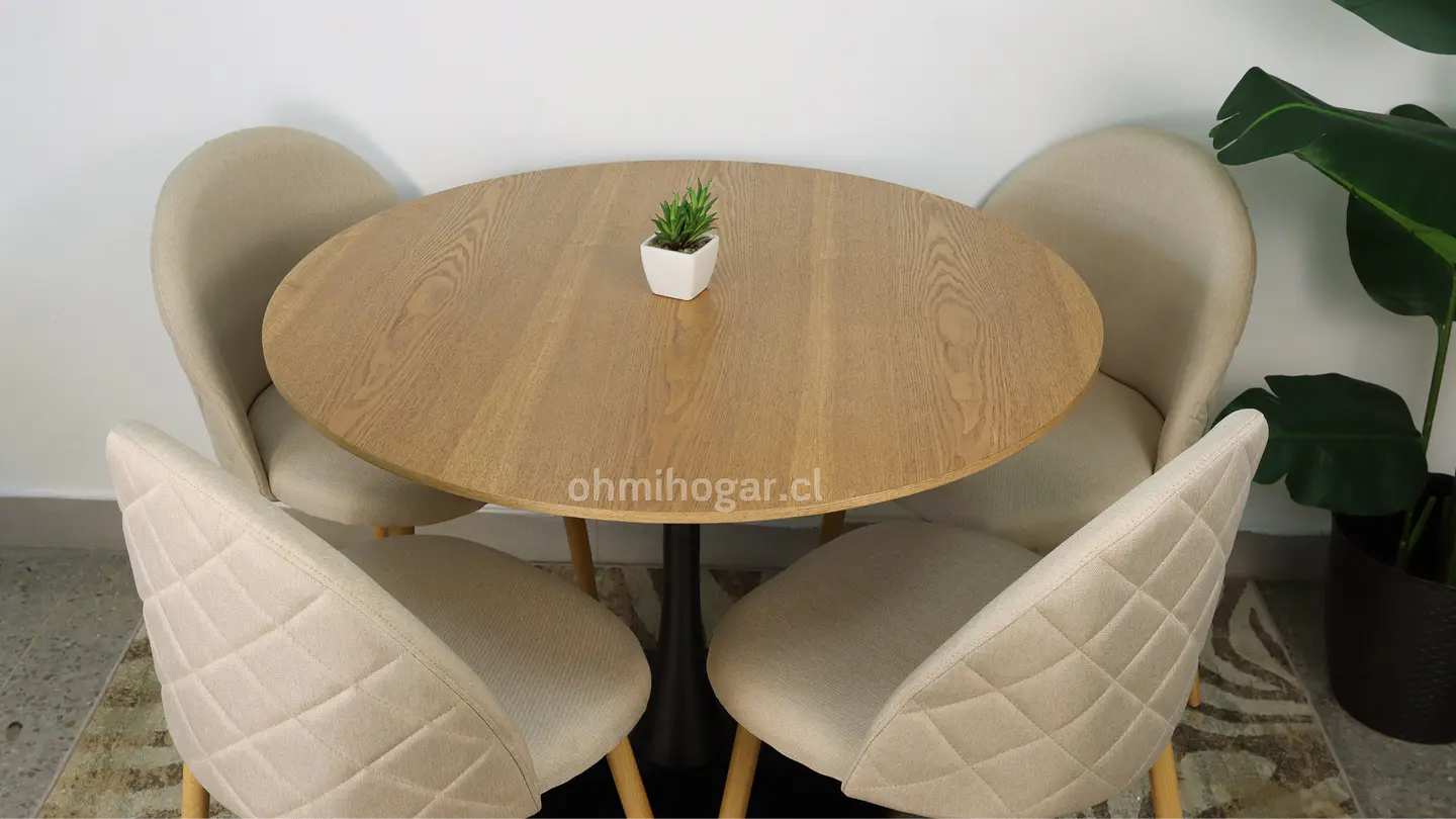 Comedor Redondo Tulip de 100Cms Cubierta Madera Base Negra + 4 Sillas Lino Oak Crema 2