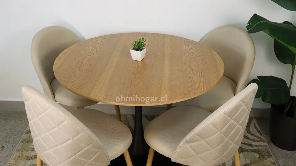 Comedor Redondo Tulip de 100Cms Cubierta Madera Base Negra + 4 Sillas Lino Oak Crema 2