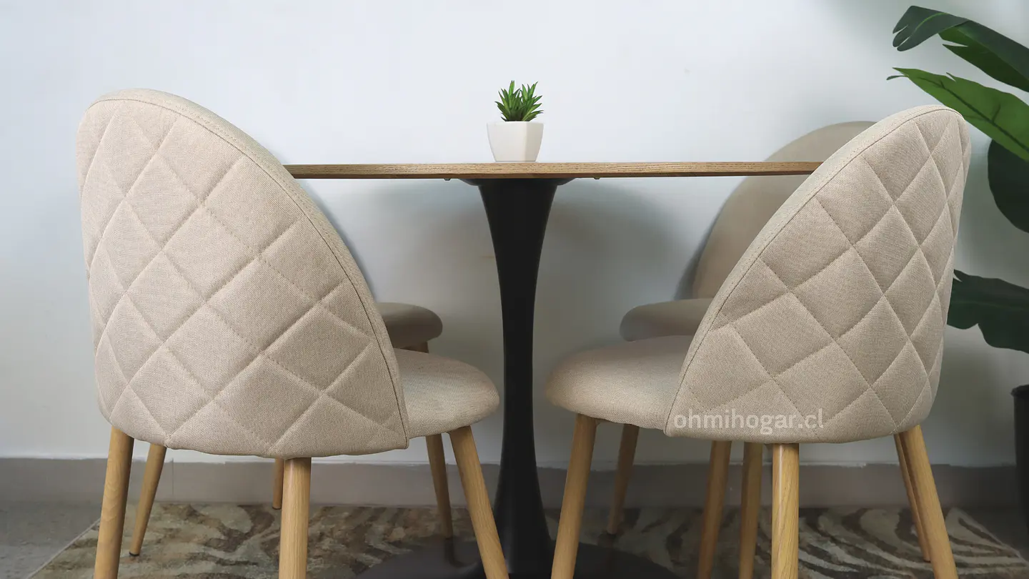 Comedor Redondo Tulip de 100Cms Cubierta Madera Base Negra + 4 Sillas Lino Oak Crema 4