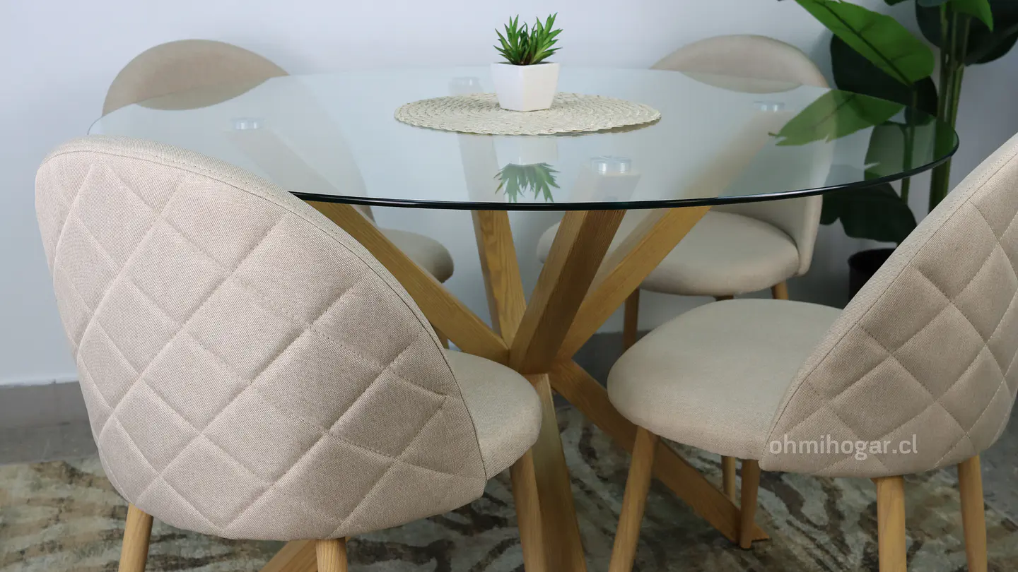 Comedor Redondo OhmiOh de 120cm Vidrio + 4 Sillas Lino Oak Crema 1