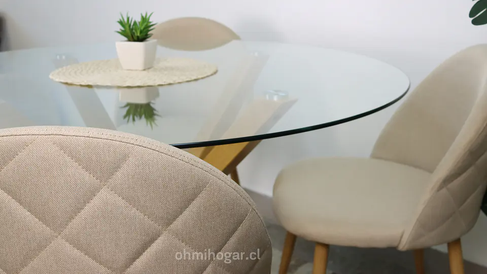 Comedor Redondo OhmiOh de 120cm Vidrio + 4 Sillas Lino Oak Crema 2