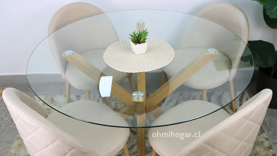 Comedor Redondo OhmiOh de 120cm Vidrio + 4 Sillas Lino Oak Crema 3