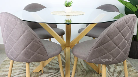 Comedor Redondo de Vidrio 120cm + 4 Sillas Lino Oak Plomo