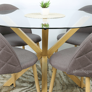 Comedor Redondo de Vidrio 120cm + 4 Sillas Lino Oak Plomo