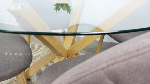 Comedor Redondo de Vidrio 120cm + 4 Sillas Lino Oak Plomo