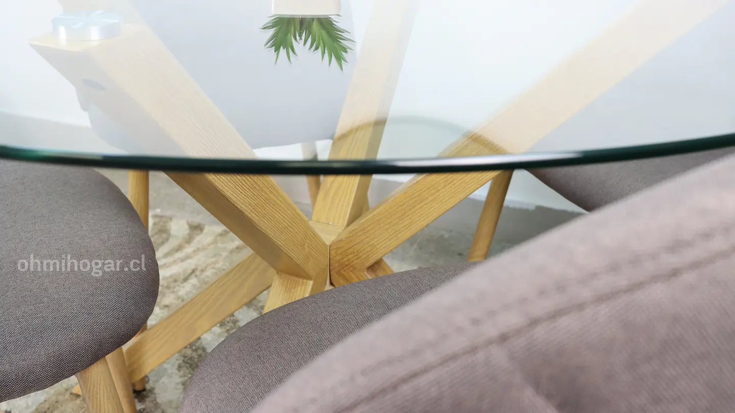 Comedor Redondo de Vidrio 120cm + 4 Sillas Lino Oak Plomo 2