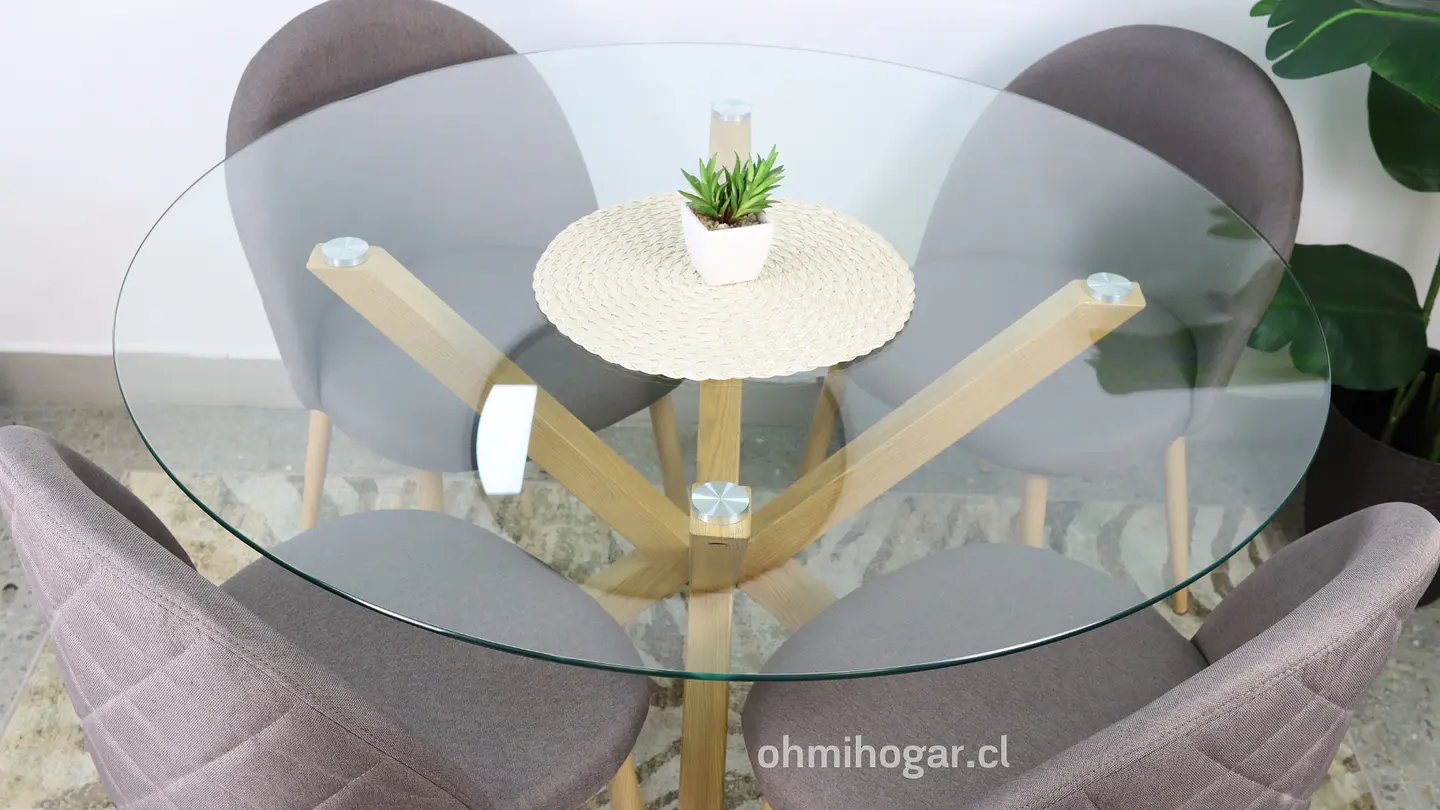 Comedor Redondo de Vidrio 120cm + 4 Sillas Lino Oak Plomo 3