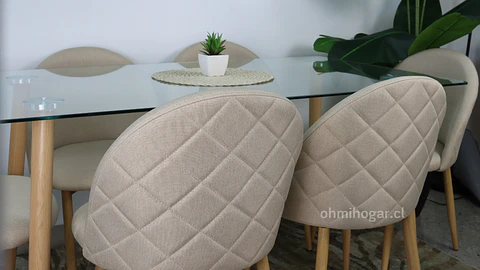 Set de Comedor Mesa Rectangular de Vidrio 140x80cm  + 6 Sillas Lino Oak Crema
