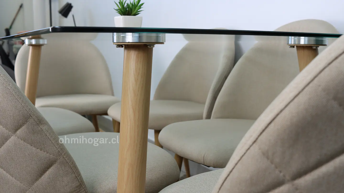 Set de Comedor Mesa Rectangular de Vidrio 140x80cm  + 6 Sillas Lino Oak Crema 3