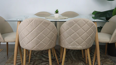 Set de Comedor Mesa Rectangular de Vidrio 140x80cm  + 6 Sillas Lino Oak Crema