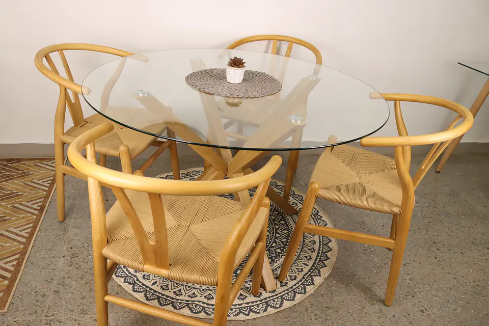 Set de Comedor Mesa Ohmioh Redonda 120cm Cubierta Vidrio + 4 Sillas Wishbone Natural  4