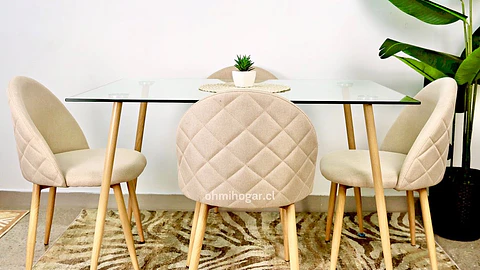 Set de Comedor Mesa Rectangular de Vidrio 120x80cm  + 4 Sillas Lino Oak Crema