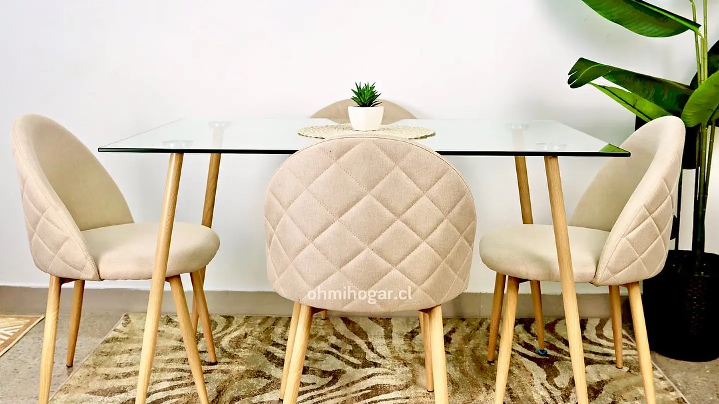 Set de Comedor Mesa Rectangular de Vidrio 120x80cm  + 4 Sillas Lino Oak Crema 1