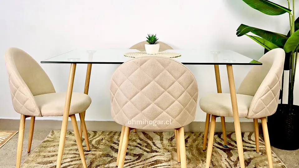 Set de Comedor Mesa Rectangular de Vidrio 120x80cm  + 4 Sillas Lino Oak Crema 1