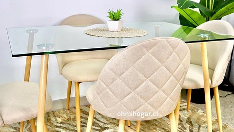 Set de Comedor Mesa Rectangular de Vidrio 120x80cm  + 4 Sillas Lino Oak Crema
