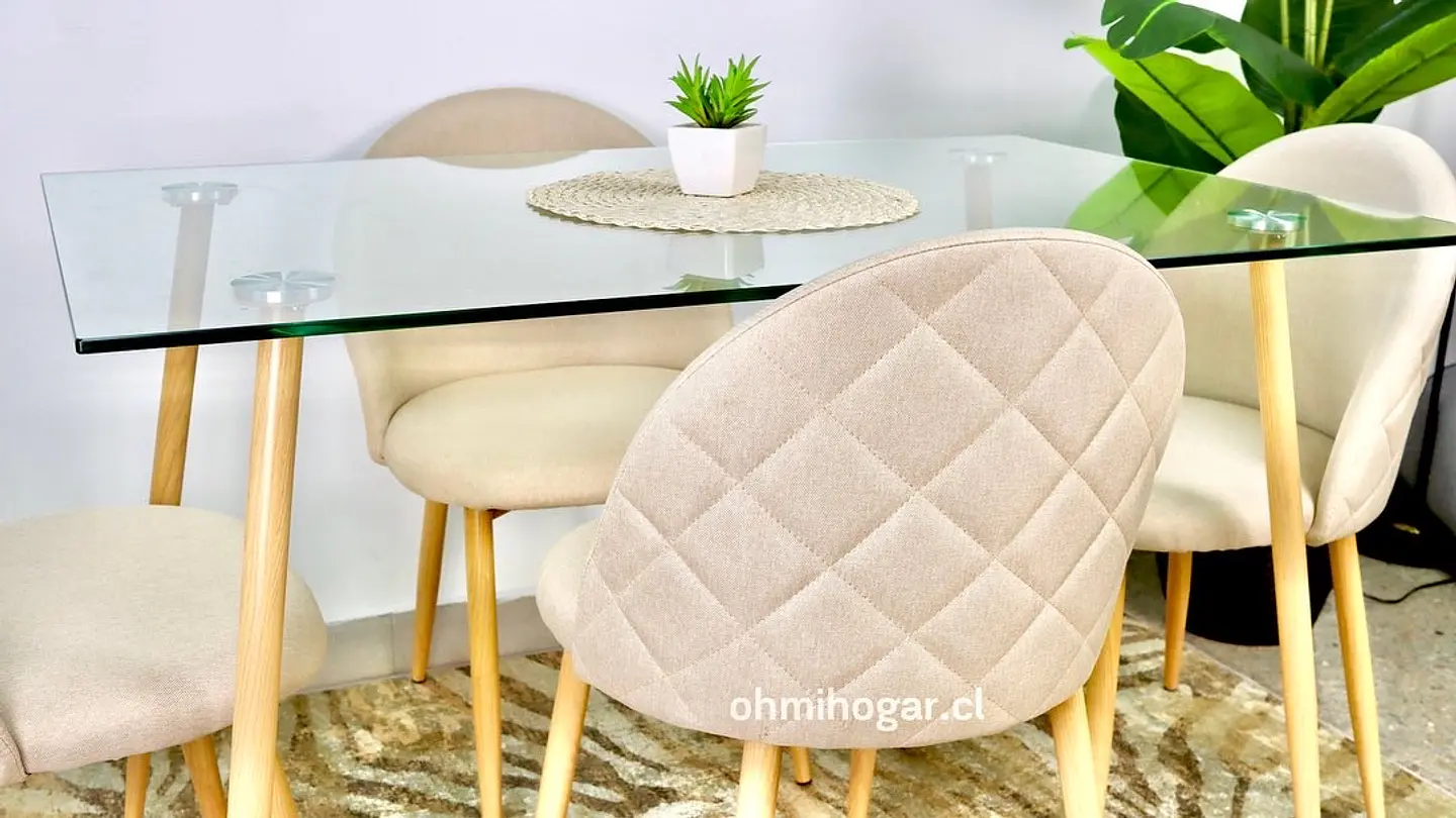 Set de Comedor Mesa Rectangular de Vidrio 120x80cm  + 4 Sillas Lino Oak Crema 2