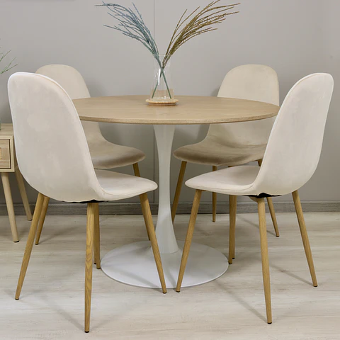 Comedor Redondo Mesa Tulip Wood Base Blanco 100cm + 4 Sillas Eames Velvet Beige