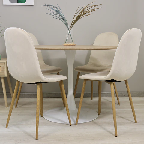 Comedor Redondo Mesa Tulip Wood Base Blanco 100cm + 4 Sillas Eames Velvet Beige