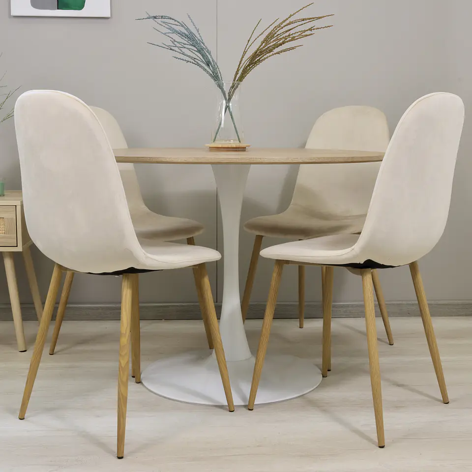 Comedor Redondo Mesa Tulip Wood Base Blanco 100cm + 4 Sillas Eames Velvet Beige 2