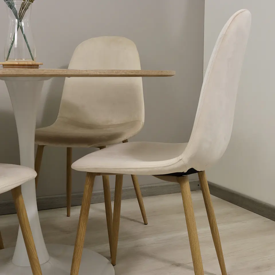 Comedor Redondo Mesa Tulip Wood Base Blanco 100cm + 4 Sillas Eames Velvet Beige 7